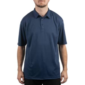 A navy blue Micro Pique Polo shirt displayed on a person, featuring a collar and buttons, with a logo.