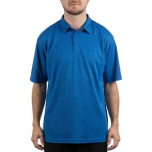 A blue Micro Pique Polo featuring a short sleeve design and a collar, displayed on a model.