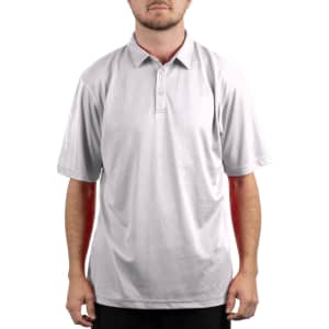 A man wearing a grey Micro Pique Polo shirt with a collar and buttons, featuring a branding logo.