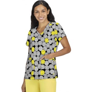 A top featuring a vibrant grey background adorned with smiling yellow faces, with a pocket and short sleeves.