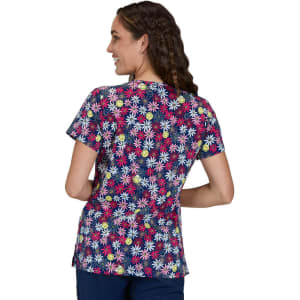 A floral-patterned top in navy, featuring colourful daisies. The garment has a round neckline and short sleeves.