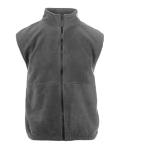 A black fleece vest with a high collar and zip front, featuring a logo. Suitable for layering in cooler weather.