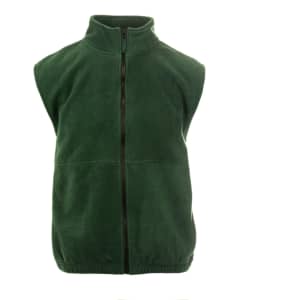 A green full zip Arctic polar fleece vest with a high collar and no sleeves. It features a zip closure and has a logo.