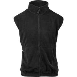 A black full zip Arctic polar fleece vest with a high collar and no sleeves. Features a branding logo.