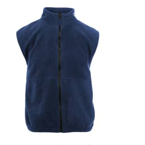 A navy blue Full Zip Arctic Polar Fleece Vest with a high collar and zip front. It features a logo on the chest.
