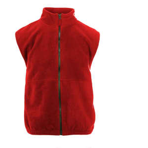 A red Full Zip Arctic Polar Fleece Vest featuring a front zipper and no sleeves, with a branding logo.