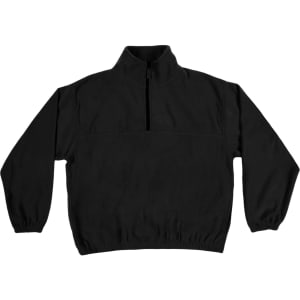 A black 1/4 zip polar fleece pullover with a high collar and elasticated cuffs, featuring a logo.
