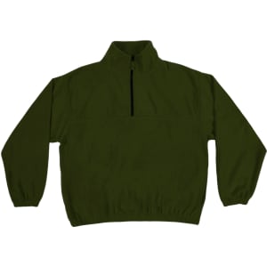 A green 1/4 zip polar fleece pullover with a high collar and elastic cuffs, featuring a logo.