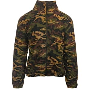A full zip polar fleece jacket in a camouflage pattern featuring shades of green, brown, and tan. It has a logo at the front.
