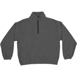 A grey 1/4 zip polar fleece pullover featuring a collar and long sleeves, with a logo on the front.