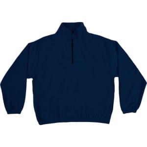 A navy blue 1/4 zip polar fleece pullover featuring a high collar and elasticised cuffs. Includes a logo.
