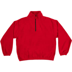 A red 1/4 zip polar fleece pullover with a zippered collar and elasticated cuffs. It features a branding logo.