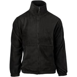 A black full zip polar fleece jacket featuring a high collar and two side pockets. It has a branding logo.