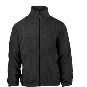 A full zip polar fleece jacket in dark grey, featuring a collar and two front pockets. It has a small logo on it.