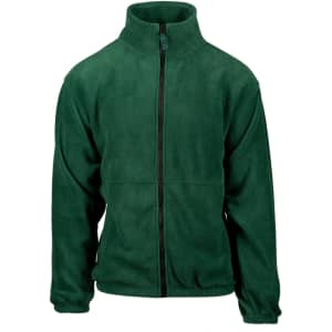 A full zip polar fleece jacket in dark green with long sleeves and a high collar, featuring a logo on the chest.