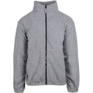 A grey full zip polar fleece jacket with a high collar and side pockets. It features a logo on one side.