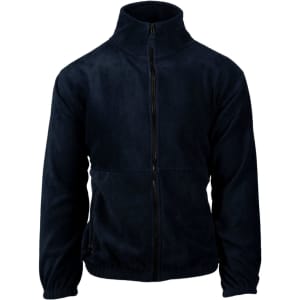 A full zip polar fleece jacket in navy blue with a high collar and side pockets. It features a logo on the design.