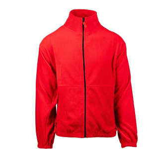 A full zip polar fleece jacket in vibrant red with a high collar and elasticised cuffs. Features a logo.