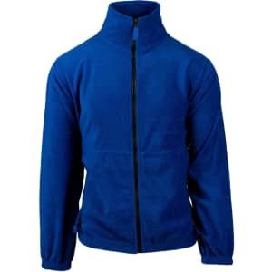 A blue full zip polar fleece jacket with a high collar and side pockets. It features a zip fastening and has a logo.
