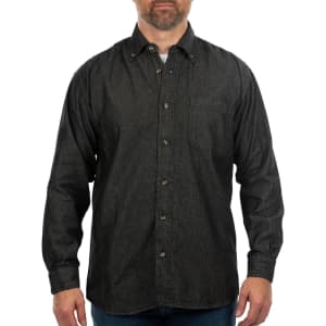 A black long sleeve cotton denim shirt with a button-up front and a chest pocket, featuring a logo.