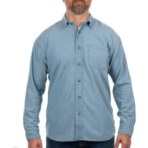 A light blue long sleeve cotton denim shirt with a button-up front and a chest pocket. It features a branding logo.