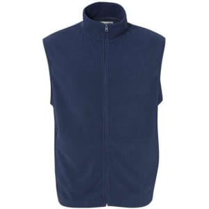 A navy Full Zip Micro Fleece Vest featuring a high collar and a front zipper, with a brand logo.