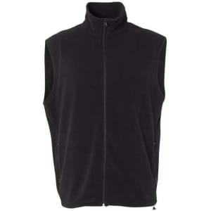 A black full zip micro fleece vest with a high collar and zippered pockets on either side.