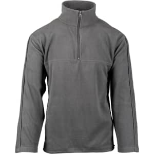 A grey 1/4 zip micro fleece pullover with long sleeves and a high collar. It features branding on the chest.