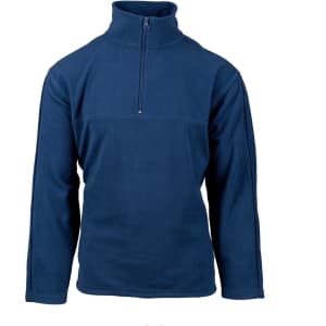 A navy blue 1/4 zip micro fleece pullover jacket, featuring long sleeves and a zippered collar, with a logo.