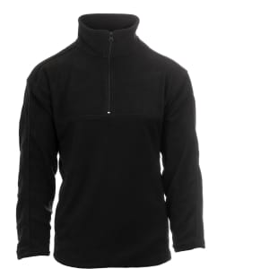 A black 1/4 zip micro fleece pullover with a stand-up collar and a logo on the front.