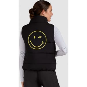 A black padded vest featuring a large yellow smiley face on the back. No visible logos or text.