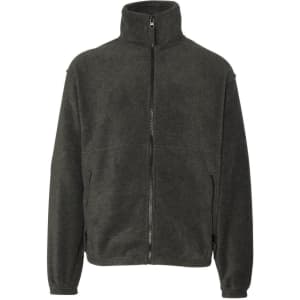 A full zip polar fleece jacket in dark grey with a high collar and zippered pockets. Features a logo.
