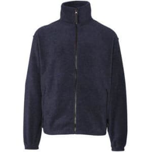 A full zip polar fleece jacket in navy blue with a high collar and a zipper front, featuring a logo on one side.