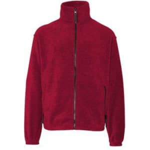 A full zip polar fleece jacket in a rich red colour with a high collar and zippered pockets.
