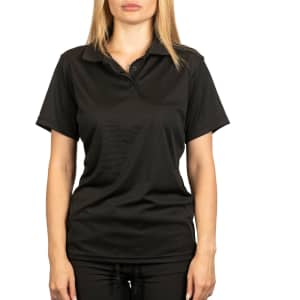 A black polyester sport shirt with a collar and short sleeves, featuring a logo on the chest.
