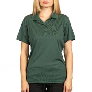 A green polyester sport shirt with a collar and short sleeves, featuring a logo on the chest.
