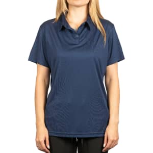 A navy polyester sport shirt with a collar and short sleeves featuring a logo.