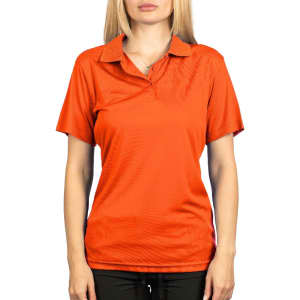 An orange polyester sport shirt with a collared neckline and short sleeves, featuring a logo.