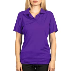 A purple polyester sport shirt with short sleeves and a collared neckline, featuring a logo.