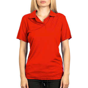 A red polyester sport shirt featuring a collar and short sleeves, with a logo present on the garment.