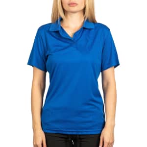 A blue polyester sport shirt with a collar, displayed on a model. The shirt features short sleeves and a logo.