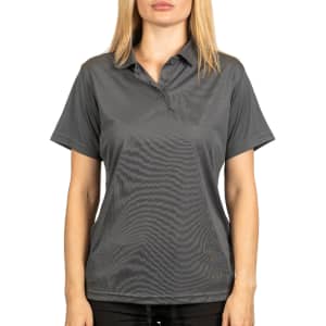 A polyester sport shirt in grey, featuring a collar and short sleeves, worn by a model. It includes a logo.