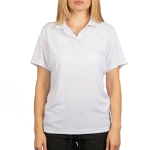 A white polyester sport shirt displayed on a mannequin or model, featuring short sleeves and a collar.