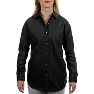 A long sleeve cotton denim shirt in black with a button-up front and a collar. Features a logo.