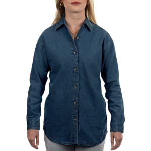 A long sleeve cotton denim shirt in a dark blue hue with a button-up front and a collar.