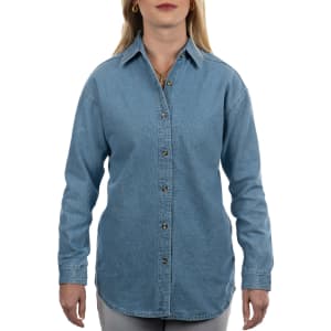 A light blue long sleeve cotton denim shirt with a button-up front, featuring a collar and a branding logo.