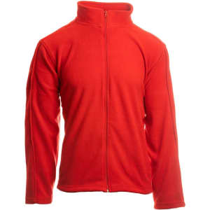 A red full zip microfleece jacket with a high collar and long sleeves, featuring a logo on the chest.