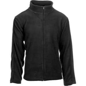 A black full zip microfleece jacket with a high collar and long sleeves, featuring a logo on the chest.