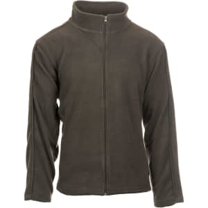A full zip microfleece jacket in dark grey, featuring long sleeves and a high collar. It has a logo on it.