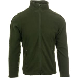 A full zip microfleece jacket in olive green with side zip pockets and a collar, featuring a logo on the sleeve.